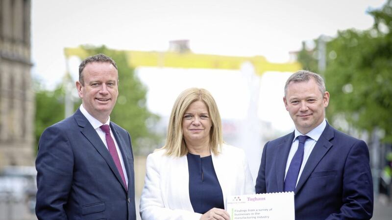 Pictured at the launch of the third State of Northern Ireland Manufacturing 2019 Survey are: Stephen Kelly, CEO, Manufacturing NI ; Maureen Treacy, Perceptive Insight; and James Donnelly, Tughans head of corporate. 