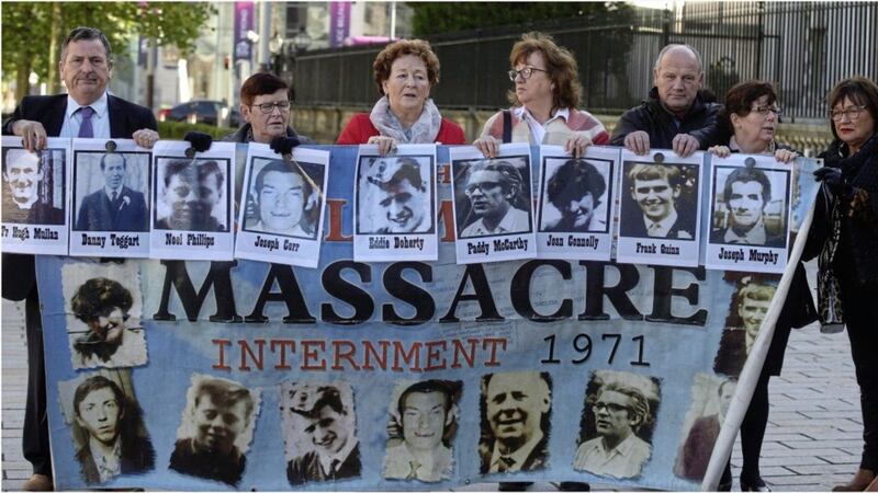 Families of the Ballymurphy victims outside court in Belfast. Picture by Hugh Russell 