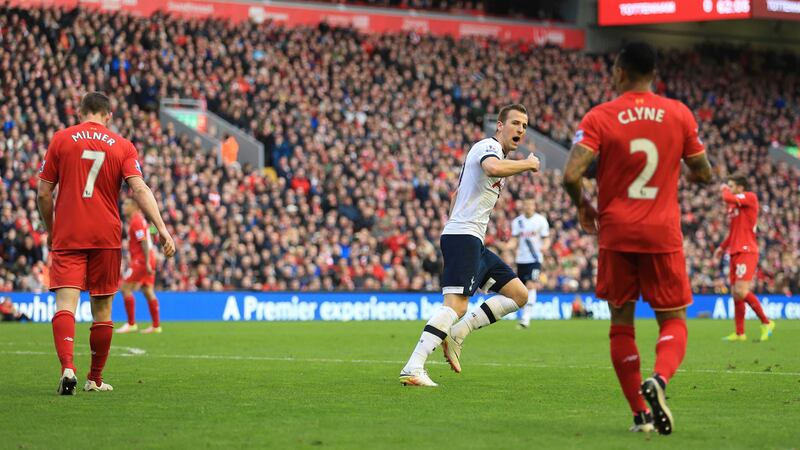 Harry Kane celebrates Tottenham's equaliser in Saturday's Premier League match against Liverpool