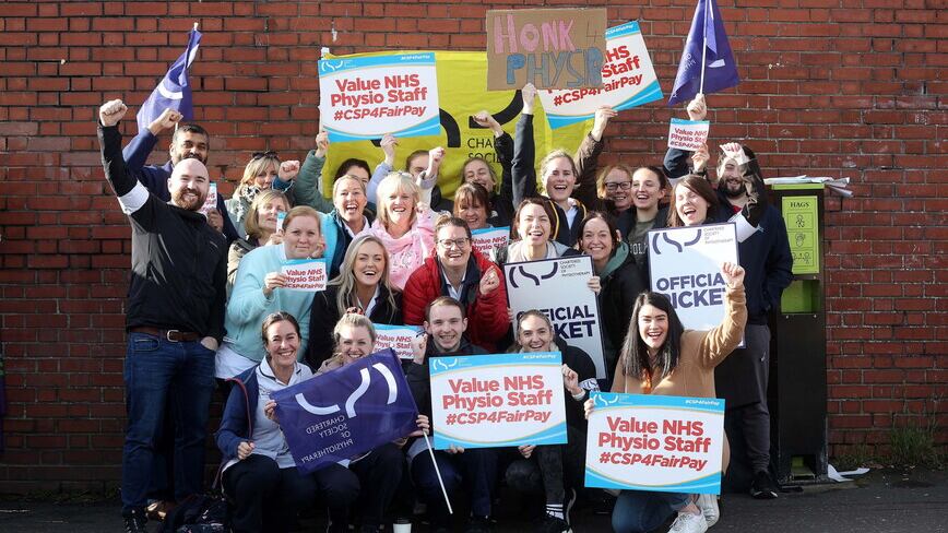 Physio staff join the picket line at the Royal Victoria Hospital as thousands of health and social care workers in Northern Ireland have begun a 48-hour strike as part of a pay dispute. Picture Mal McCann.