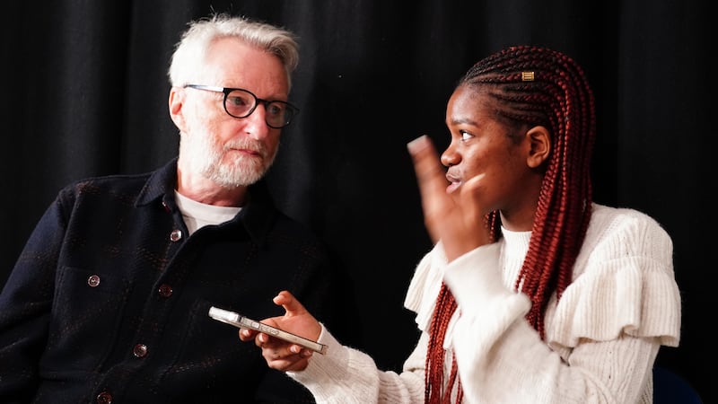 Billy Bragg with student N’asia Davis during a visit to The Brit school in London (Ian West/PA)