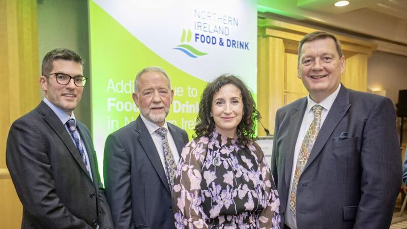 NIFDA chairman Brian Irwin (second left) with dinner guests (from left) Geoff Sharpe (Danske Bank), guest speaker Jo Whitfield (Co-Op Food chief executive) and Michael Bell (NIFDA executive director) 