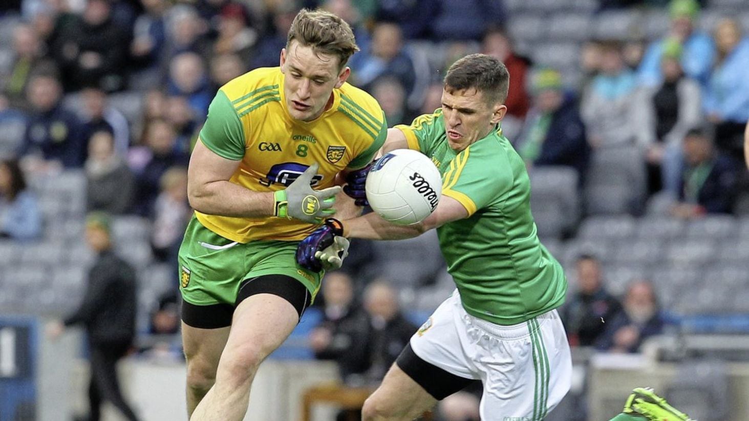 Hugh McFadden in action during Donegal's Division Two final win over Meath this weekend. The sides meet again in the first round of the Super 8s this weekend.