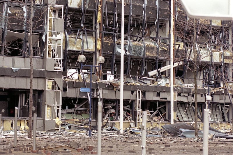 A wrecked office block in London's South Quays station in the Docklands, following an IRA bomb blast in the area. Picture by Tony Harris/PA Wire. 