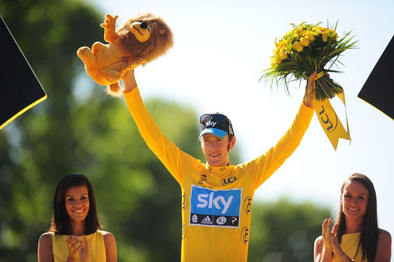 Bradley Wiggins of Sky Pro Racing celebrates on the winners podium after winning the 2012 Tour de France in Paris&nbsp;