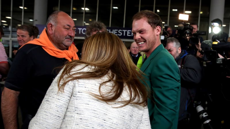 Danny Willett, with Andrew Chandler (left), arrives at Manchester Airport after his victory at the Masters in Augusta last weekend <br />Picture by PA&nbsp;