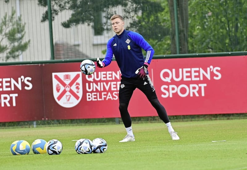 Bailey Peacock-Farrell during training at The Dub, Belfast ahead of Northern Ireland&#39;s Euro 2024 qualifiers against Denmark on Friday night. Pic Colm Lenaghan/Pacemaker 