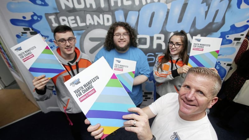 NI Youth Forum director Chris Quinn alongside, Chris Hanna, Oisin O Raghallaigh and Sarah Campfield from the Northern Ireland Youth Forum. Picture by Mal McCann. 
