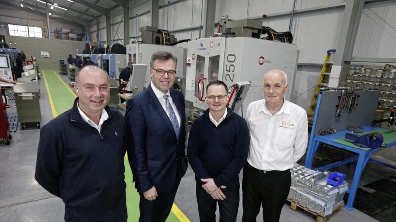 Invest NI chief executive Alastair Hamilton (second left) with BPE&#39;s George Boyce (director), Brian Boyce (director) and Brian Perry (operations manager). Photo: Matt Mackey/Press Eye 