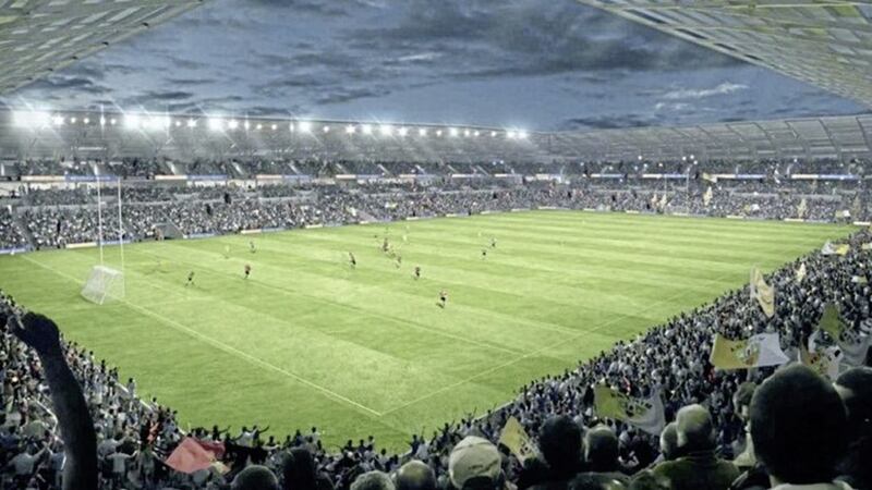 An artist&#39;s impression of the proposed new Casement Park GAA stadium. Residents living nearby have launched a legal challenge against the project 