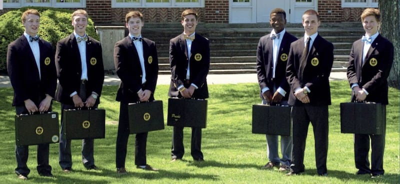 Stephen O&#39;Hanlon pictured third from left after being named a prefect at Trinity-Pawling, a New York school at which he had a two-year basketball scholarship. 