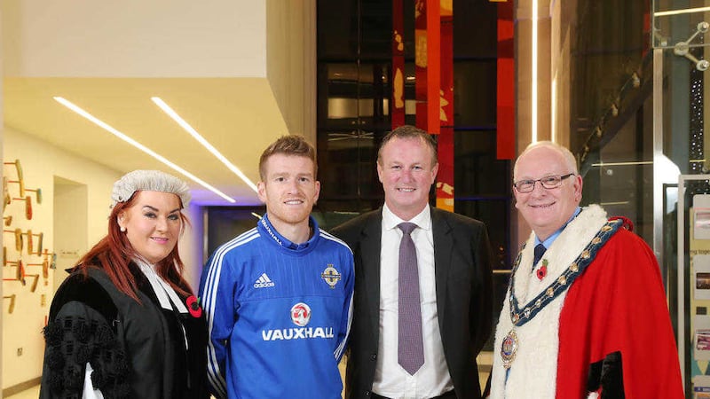 Mid and East Antrim mayor Billy Ashe, CEO Anne Donaghy at celebratory dinner with Michael O&#39;Neill and Steven Davis 
