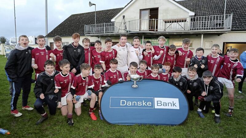 Omagh CBS celebrate after defeating St Patrick&#39;s College, Cavan in the final of the Corn na nOg at Emyvale on Saturday afternoon. Picture by Jim Dunne 