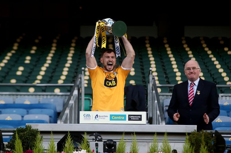 Antrim's  captain  Conor McCann lifts the Joe McDonagh Cup after the Saffrons victory over Kerry in Croke Park, Dublin on Sunday December 13 2020. Picture by Seamus  Loughran