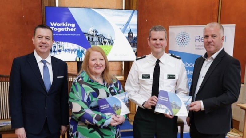 Launching the 'Working Together' retail report are (from left) Retail NI chief executive Glyn Roberts, Justice Minister Naomi Long, PSNI DCC Chris Todd and Retail NI chair Paddy Murney