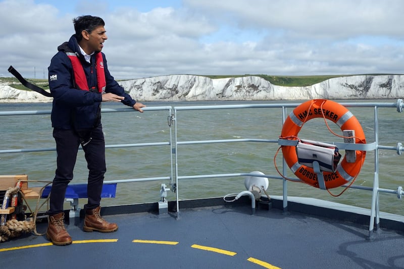 Prime Minister Rishi Sunak onboard Border Agency cutter HMC Seeker during a visit to Dover, ahead of a press conference to update the nation on the progress made in the six months since he introduced the Illegal Migration Bill 