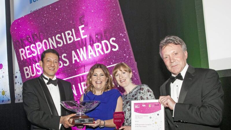 Picking up the NI Responsible Company of the Year award on behalf of George Best Belfast City Airport are Michelle Hatfield and Laura Duggan, along with Jorge Lopes from category sponsor Diageo and Kieran Harding (Business in the Community). 