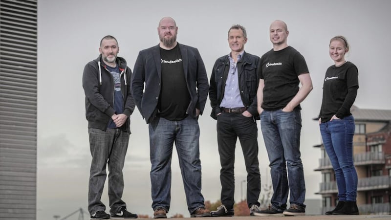 Cloudsmith personnel (from left) Paddy Carey (senior staff engineer), Alan Carson (chief executive), Peter Lorimer (chief commercial officer), Lee Skillen (chief technical officer) and Kimberly Neill (intern) 