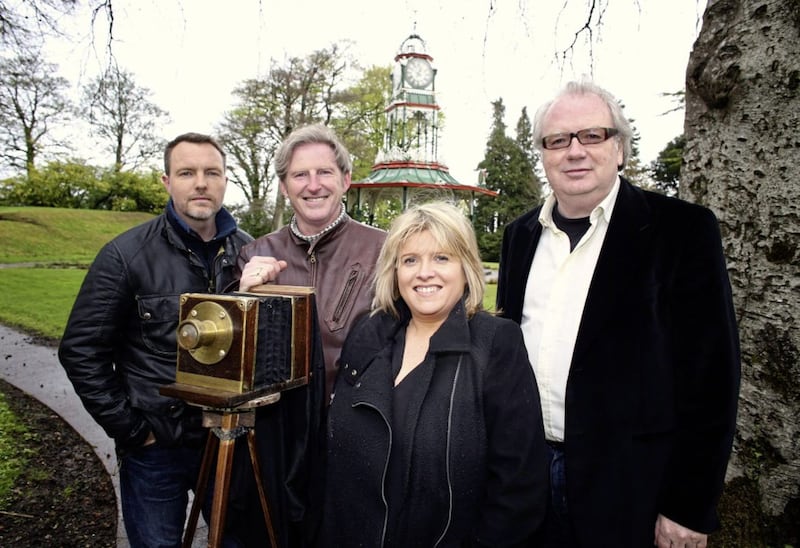 Actors Adrian Dunbar and Ciaran McMenamin celebrate the opening of the inaugural Wilde Weekend in 2015 with organiser Sean Doran and Gilly Campbell from Arts Council of Northern Ireland 