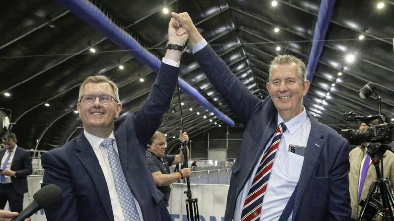 DUP leader Sir Jeffrey Donaldson with his predecessor Edwin Poots. Picture by Hugh Russell 