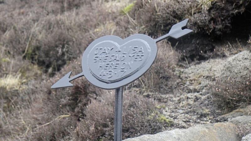 The sign celebrating a couple&#39;s engagement appeared in the Mourne Mountains last month. Picture from Twitter 