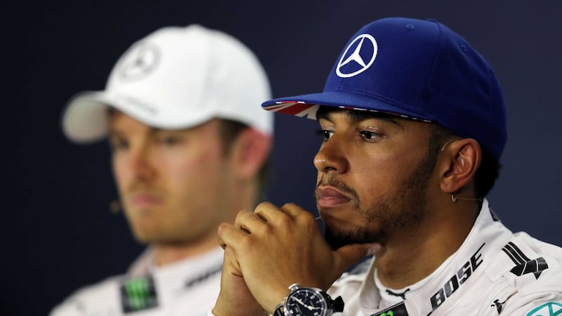 Mercedes Lewis Hamilton (right) and Nico Rosberg in the press conference after Qualifying for the 2016 British Grand Prix at Silverstone Circuit,&nbsp;
