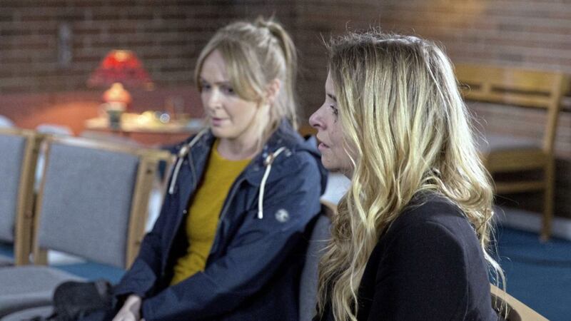 Michelle Hardwick as Vanessa Woodfield and Emma Atkins as Charity Dingle in Emmerdale 