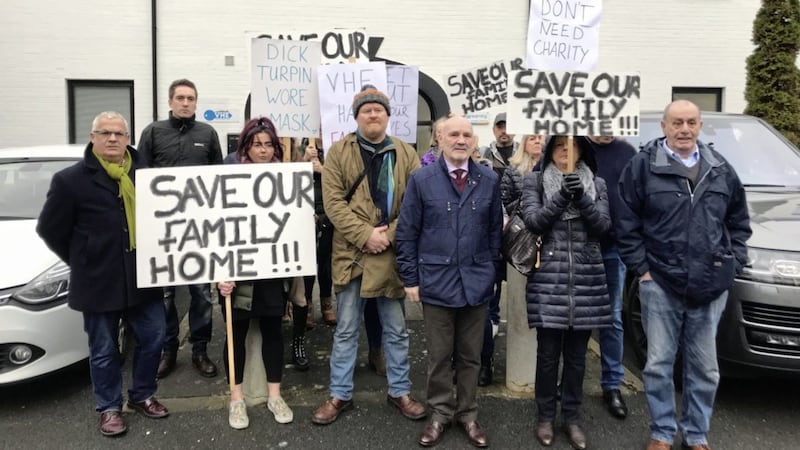 Members of Riverdale and Finaghy Tenants&#39; Association protesting outside Victoria Housing Estates (VHE) in Holywood, Co Down 