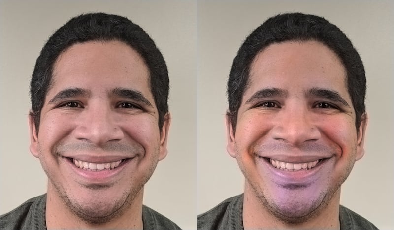 A happy face as originally photographed (left) next to the same face retouched to enhance colours associated with happiness (Ohio State University/PA)