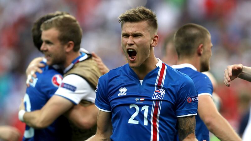 Iceland's Arnor Ingvi Traustason celebrates his late winner and qualifying for the last 16 round &nbsp;