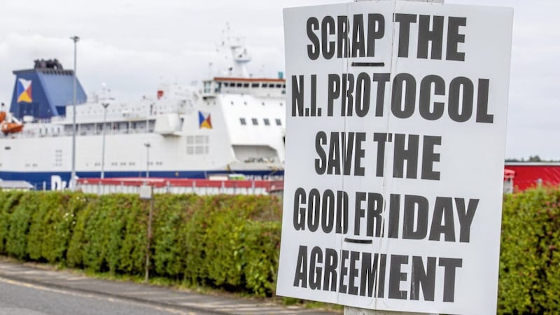 An anti-Northern Ireland Protocol sign close to Larne Port. Picture: Liam McBurney/PA Wire. 