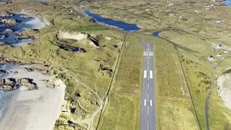 The spectacular runway at Carrickfinn Airport runs out towards the sea.  
