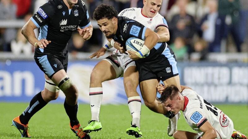 Ulster's James Hume and Ethan McIlroy tackle Sione Tuipulotu of Glasgow Warriors. Ulster head coach Dan McFarland was bemused by the awarding of penalty try against Hume in their win over Glasgow on Friday night Picture: INPHO/James Crombie