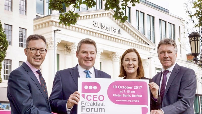 Launching the October 10 CEO Breakfast Forum are (from left) John Brolly (Irish News), Girvan Gault (Ulster Bank), Angela McGowan (CBI) and Kieran Harding (Business in the Community) 