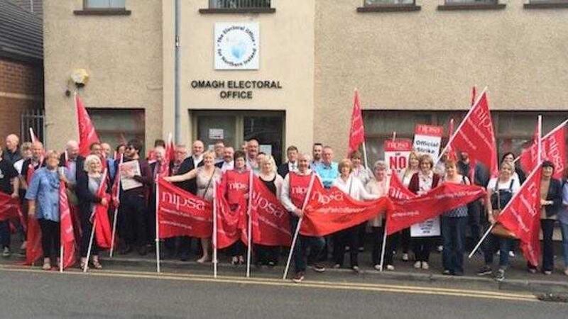 Striking electoral workers and Nipsa representatives in Omagh, Co Tyrone. Picture from Nipsa 