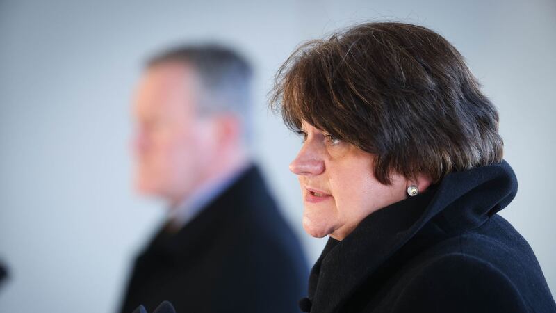 First Minister and DUP leader Arlene Foster and Sinn Fein Finance Minister Conor Murphy announce an extension of Covid restrictions in Dungannon yesterday. Picture by Kelvin Boyes, Press Eye, PA&nbsp;