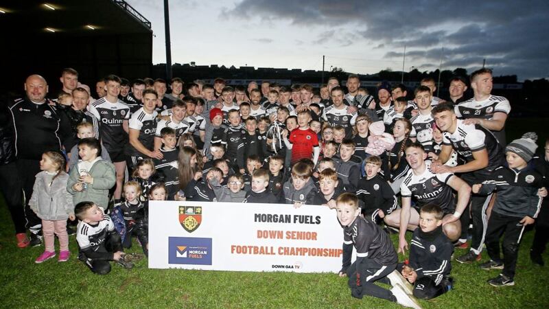 The Kilcoo players celebrate after Sunday&#39;s Down final victory over Burren at Pairc Esler. Picture by Philip Walsh 