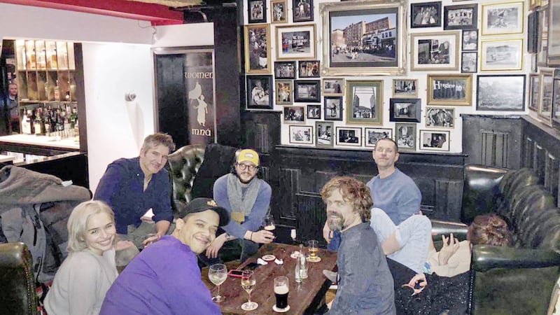 The stars of Game of Thrones enjoy a drink in Belfast Bar Kelly&#39;s Cellars on Saturday evening. Picture by Kelly&#39;s Cellars/Twitter. 