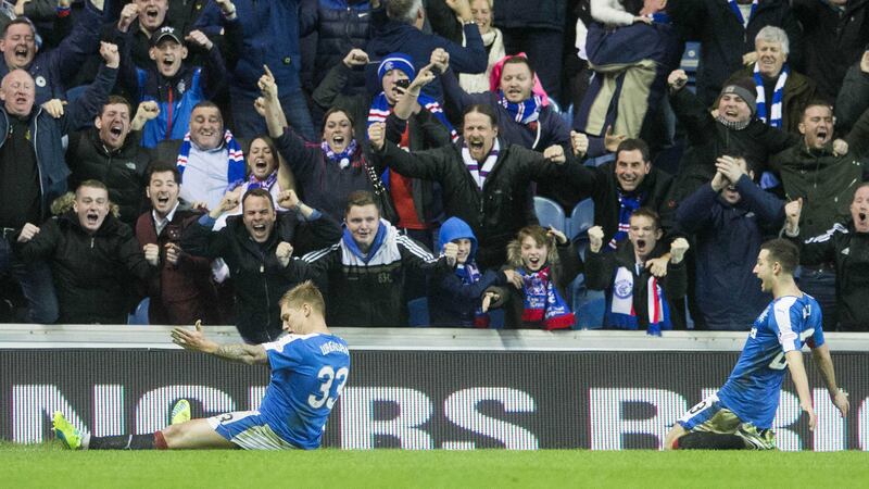 Rangers' Martyn Waghorn (left) celebrates scoring against Hibernian on Monday<br />Picture by PA&nbsp;