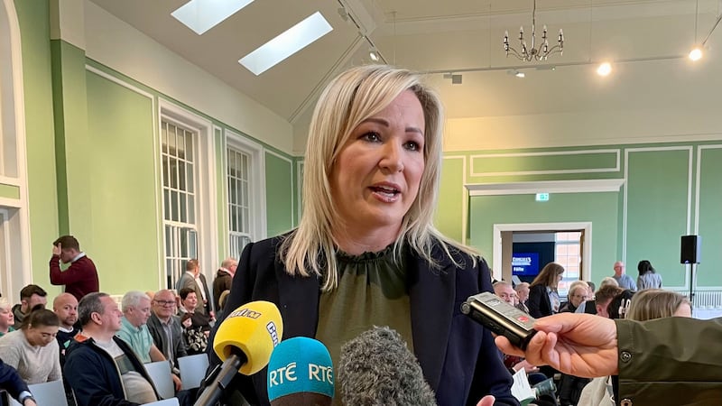 Michelle O’Neill speaking at the launch of a Sinn Fein policy paper on ending sectarianism