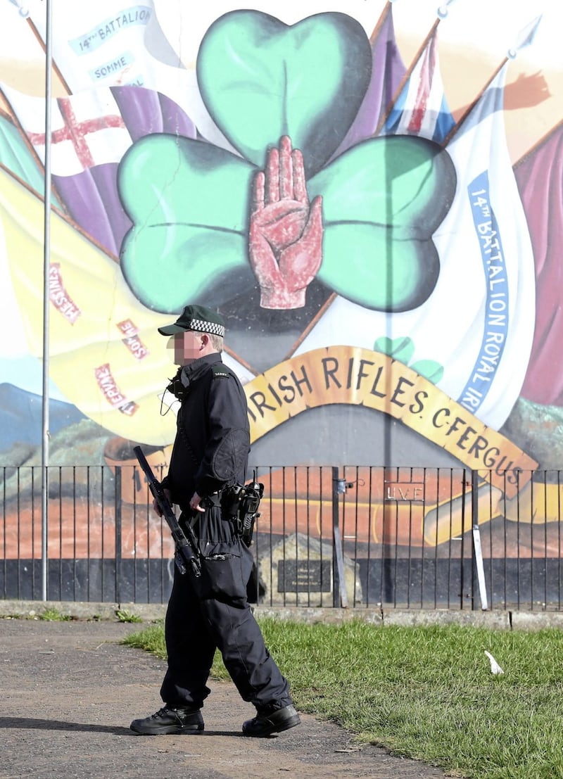 Armed police on patrol in Carrickfergus.  