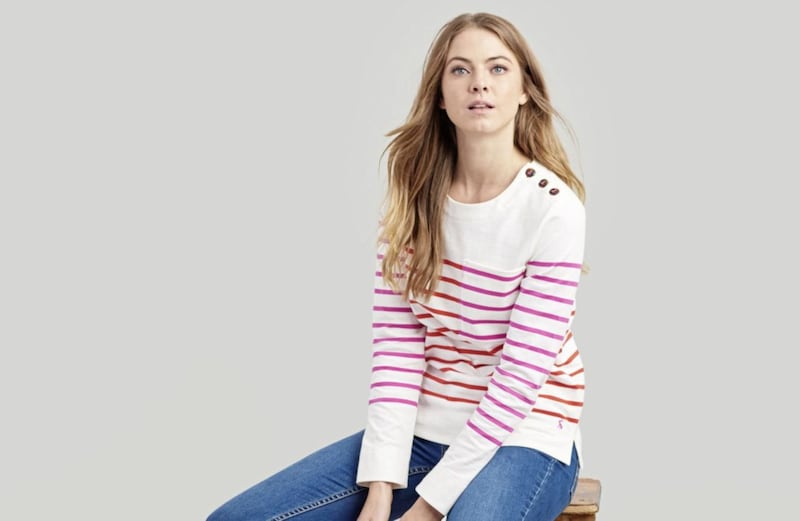 Joules Renee Striped Sweatshirt, &pound;39.95;&nbsp;Monroe Skinny Stretch Jeans, &pound;59.95; Solena Cupsole Trainers, &pound;69.95, all Joules 