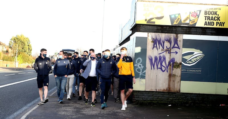 The Antrim players and management went straight to Casement Park after returning home from Dublin yesterday. Picture by Mal McCann