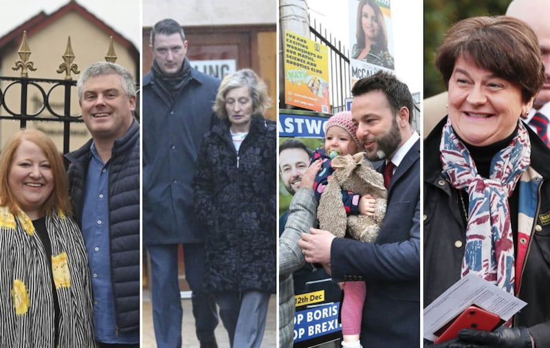 Politicians voting today: (left to right) Alliance leader Naomi Long with her husband and Belfast councillor Michael Long; Sinn F&eacute;in North Belfast candidate John Finucane and his mother Geraldine Finucane; SDLP leader Colum Eastwood and DUP leader Arlene Foster&nbsp;&nbsp;