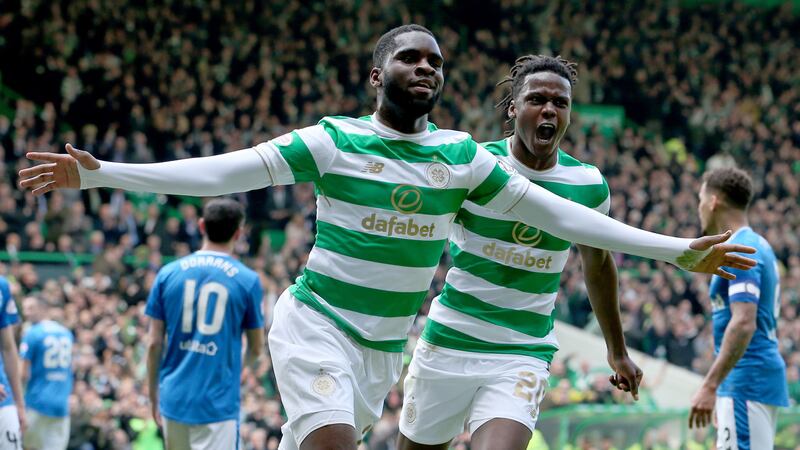 <span style="font-family: Verdana, Arial, Helvetica, sans-serif; font-size: 13.3333px;">Celtic's Odsonne Edouard celebrates scoring his side's first goal during their 5-0 win over Rangers to seal a seventh consecutive Scottish Premiership title.</span>
