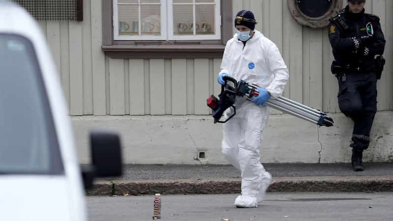 Police work near a site after a man killed some people in Kongsberg, Norway, Thursday, October 14, 2021 (Terje Bendiksby/NTB via AP)&nbsp;