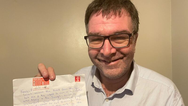 Feargal Lynn with the letter he received from a friend