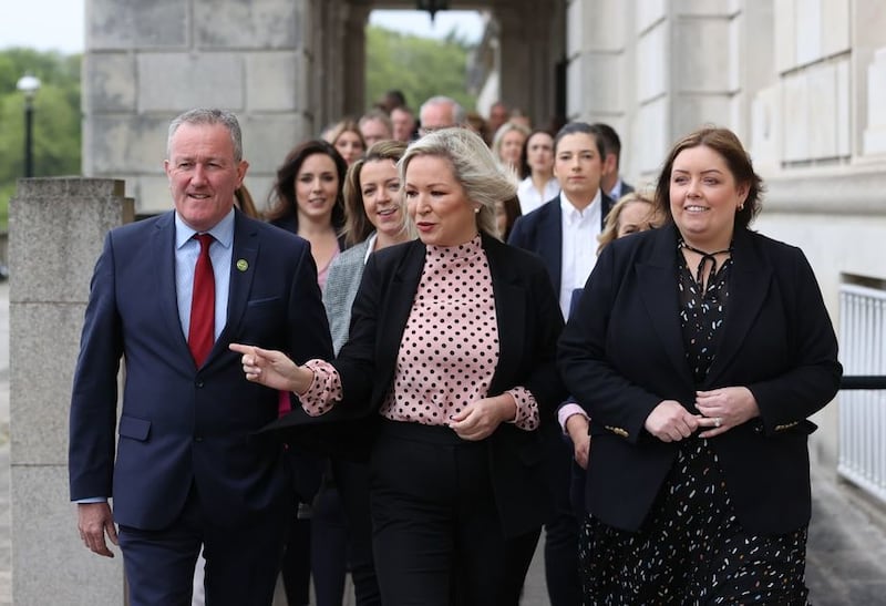 &nbsp;Sinn Fein's Michelle O'Neill with her party's newly elected MLAs outside Parliament Buildings at Stormont, Belfast