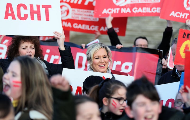 Sinn F&eacute;in leader in Northern Ireland Michelle O'Neill joins Irish language act campaigners, including pupils from Irish-medium schools across the north, take part in a protest at Stormont parliament buildings in Belfast, ahead of their meeting with Secretary of State Karen Bradley&nbsp;