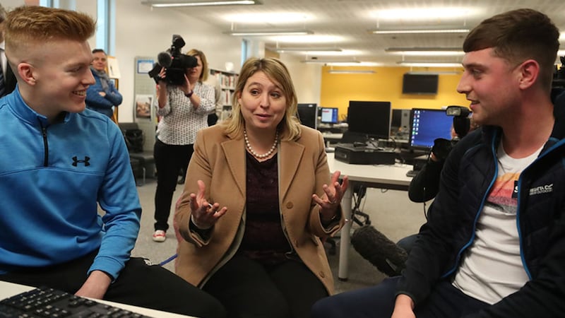 Karen Bradley visiting Belfast Metropolitan College in the Titanic Quarter of the city, during her first visit as secretary of state&nbsp;